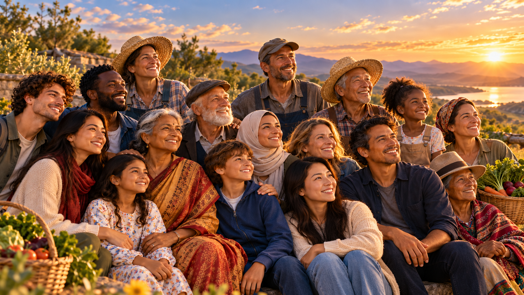 A diverse multi-generational family of many cultures sitting together at sunset