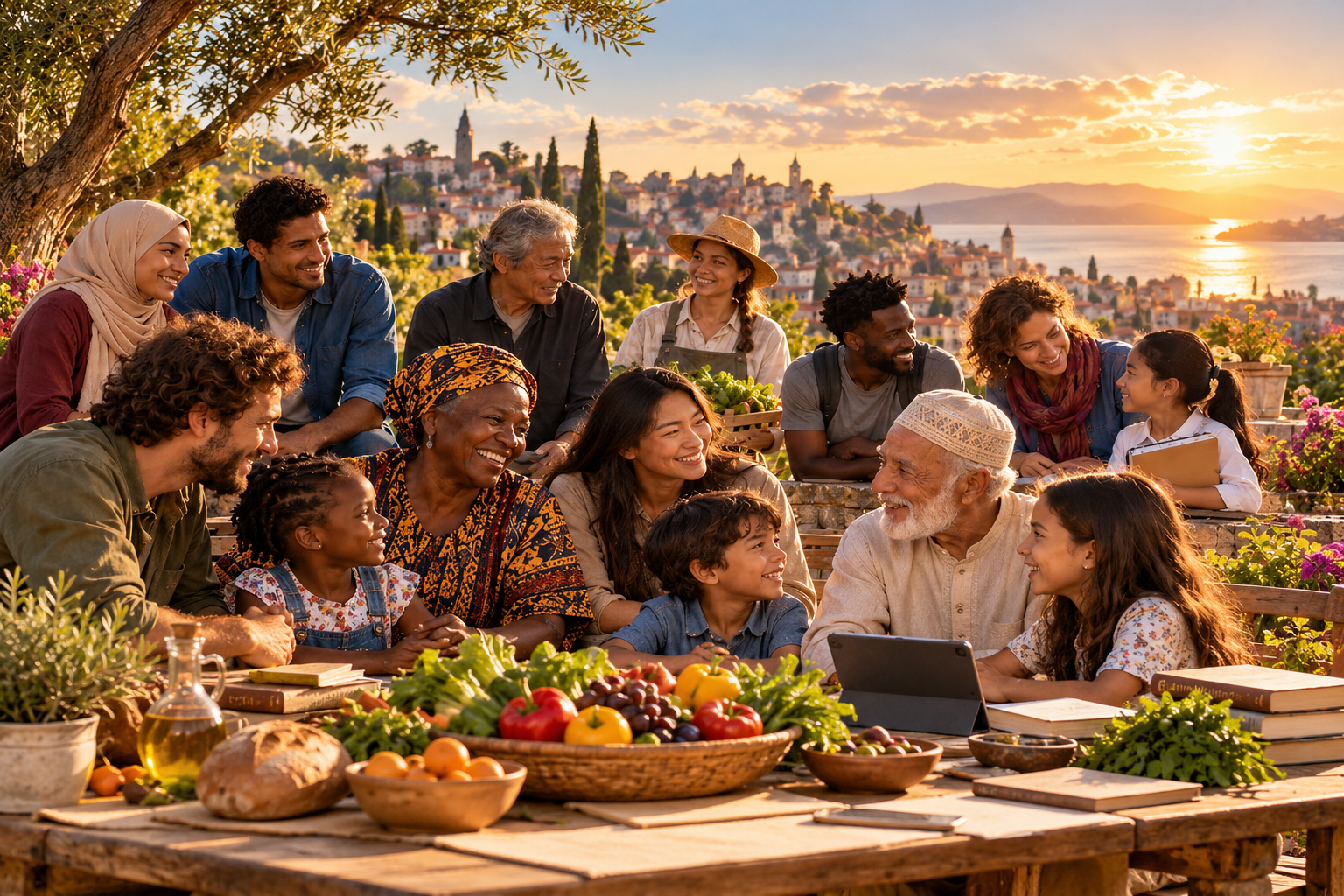 People of many nations and faiths sitting together in conversation around a globe