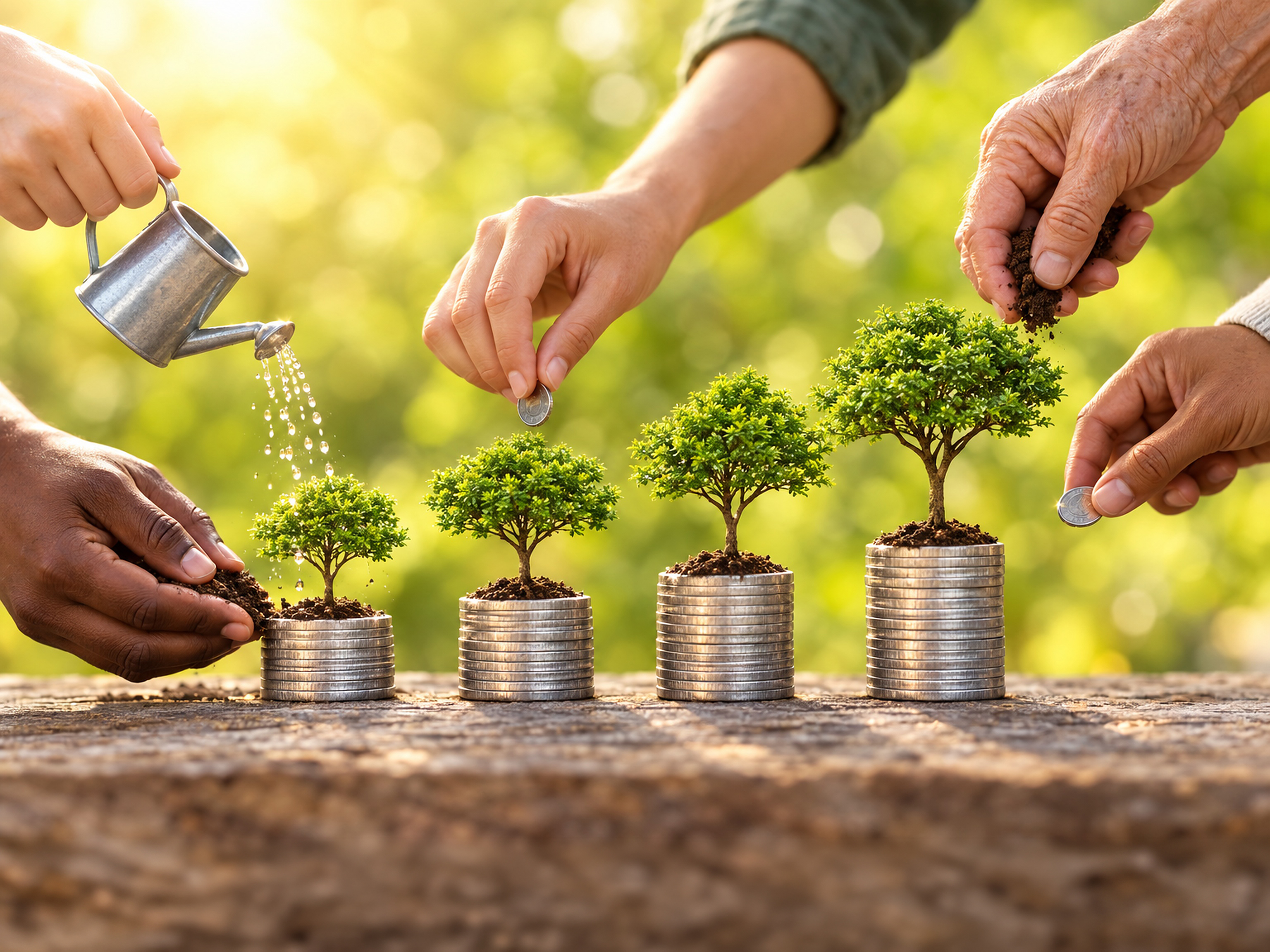 Hands watering growing plants on stacks of coins