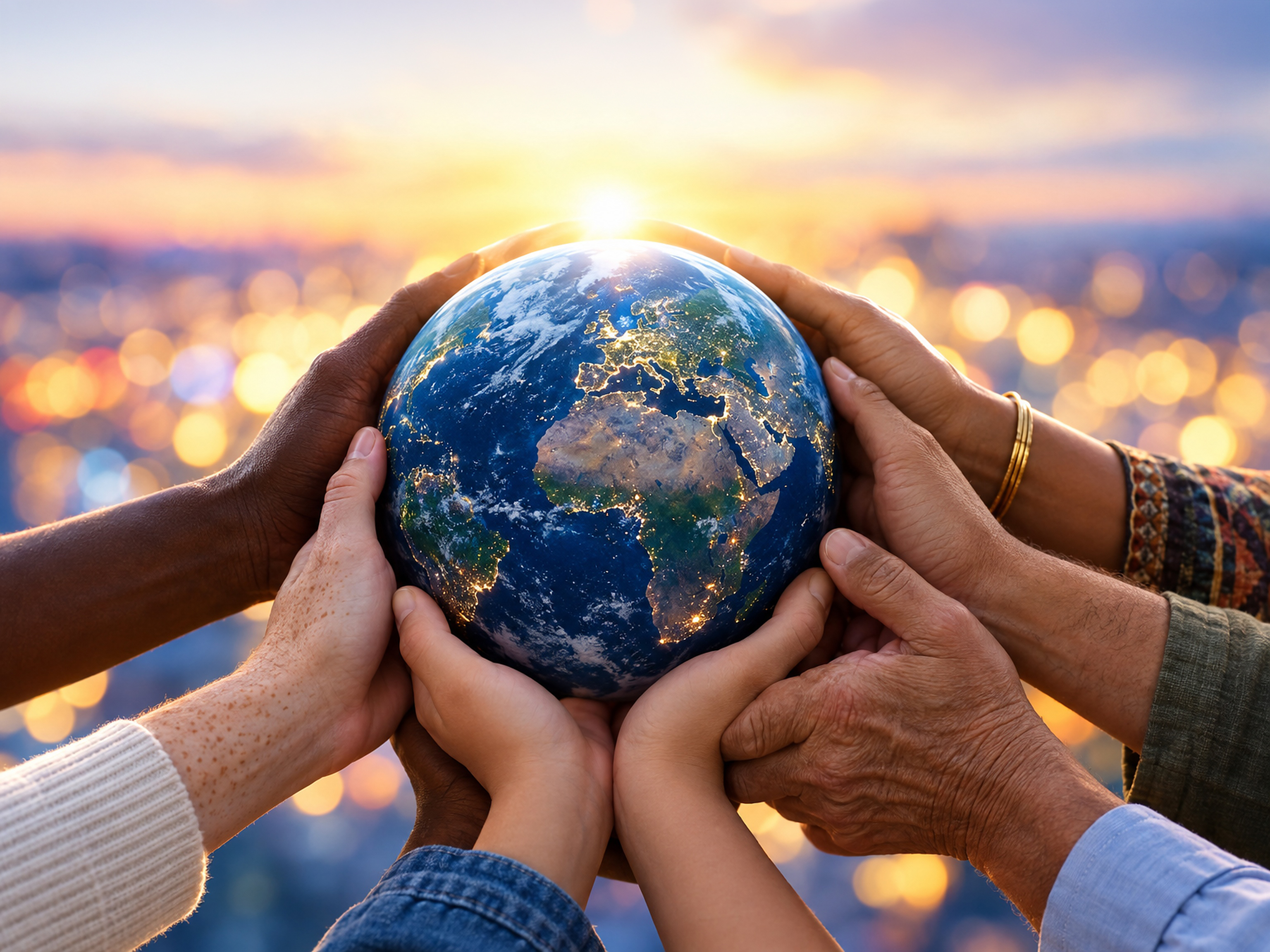 Many hands holding the Earth together